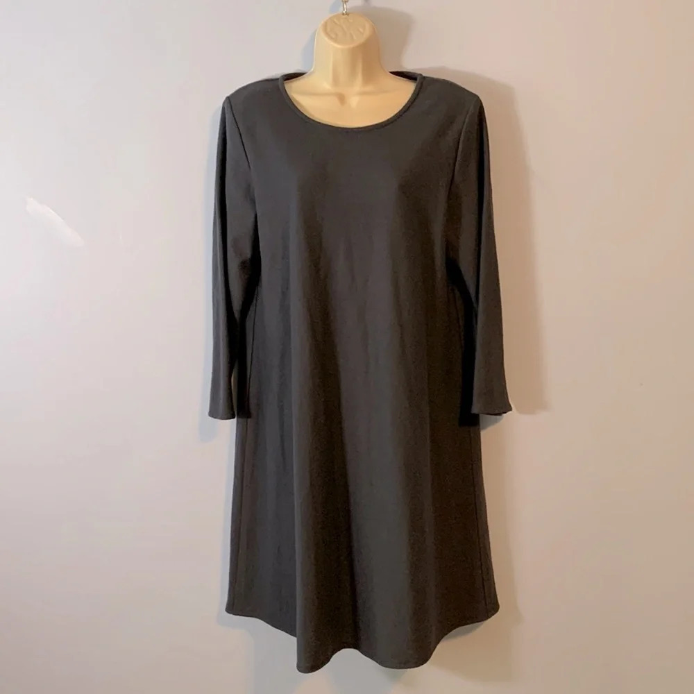 Eileen fisher dark gray wool long sleeve knee length shift dress size medium eco